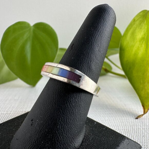 Sterling Silver Rainbow Inlay Band Ring Size 8 - Picture 7 of 7